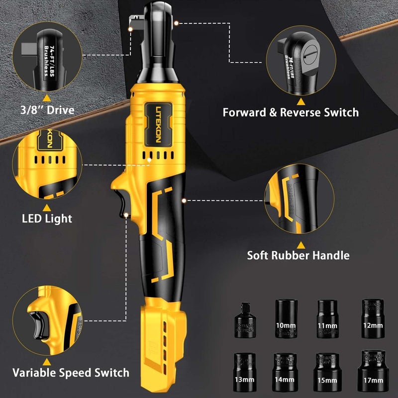 LITEKON Cordless Ratchet Wrench Set Compatible with𝗗𝗘-𝗪𝗔𝗟𝗧 20V Max Battery (No Battery) - 74Ft-lbs 650 RPM High Power 3/8-inch Brushless Electric Power Ratchet Wrench Tool with LED Light - Image 5